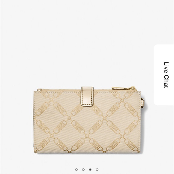 Michael Kors Pale Gold Adele Metallic Empire Logo Jacquard Smartphone Wallet - Picture 5 of 5